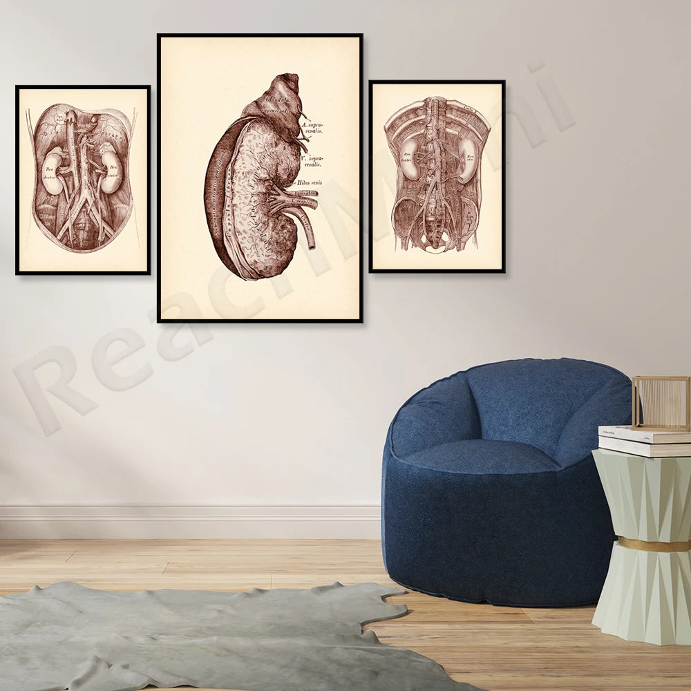 Cette série d'illustrations anatomiques montre divers organes internes du corps humain dans un style vintage et médical, offrant une vue détaillée de leur structure complexe.
