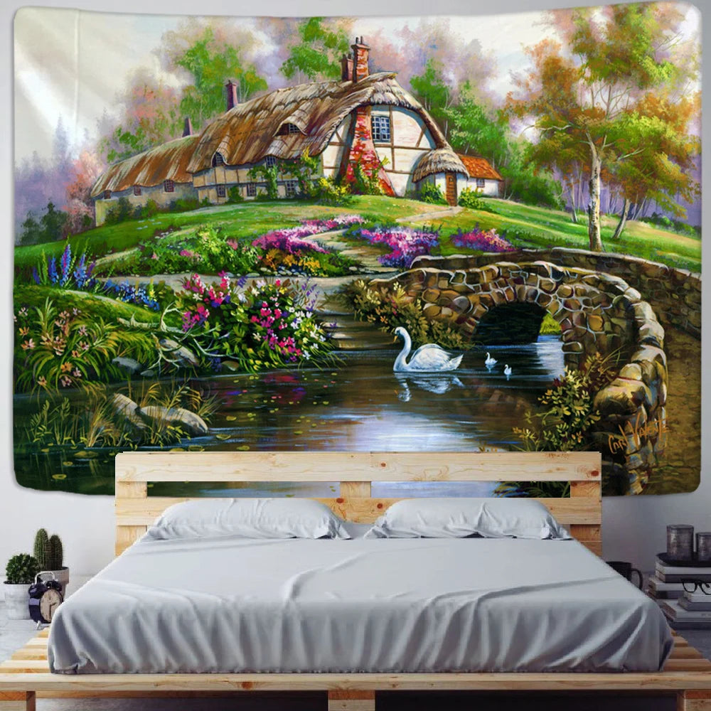 tapisserie murale imprimée paysage rural multicolore conte fées forêt décoration maison simple rectangle