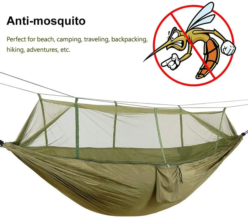 hamac vert olive pratique moustiquaire cordelettes carabiners sac rangementextérieur léger camping