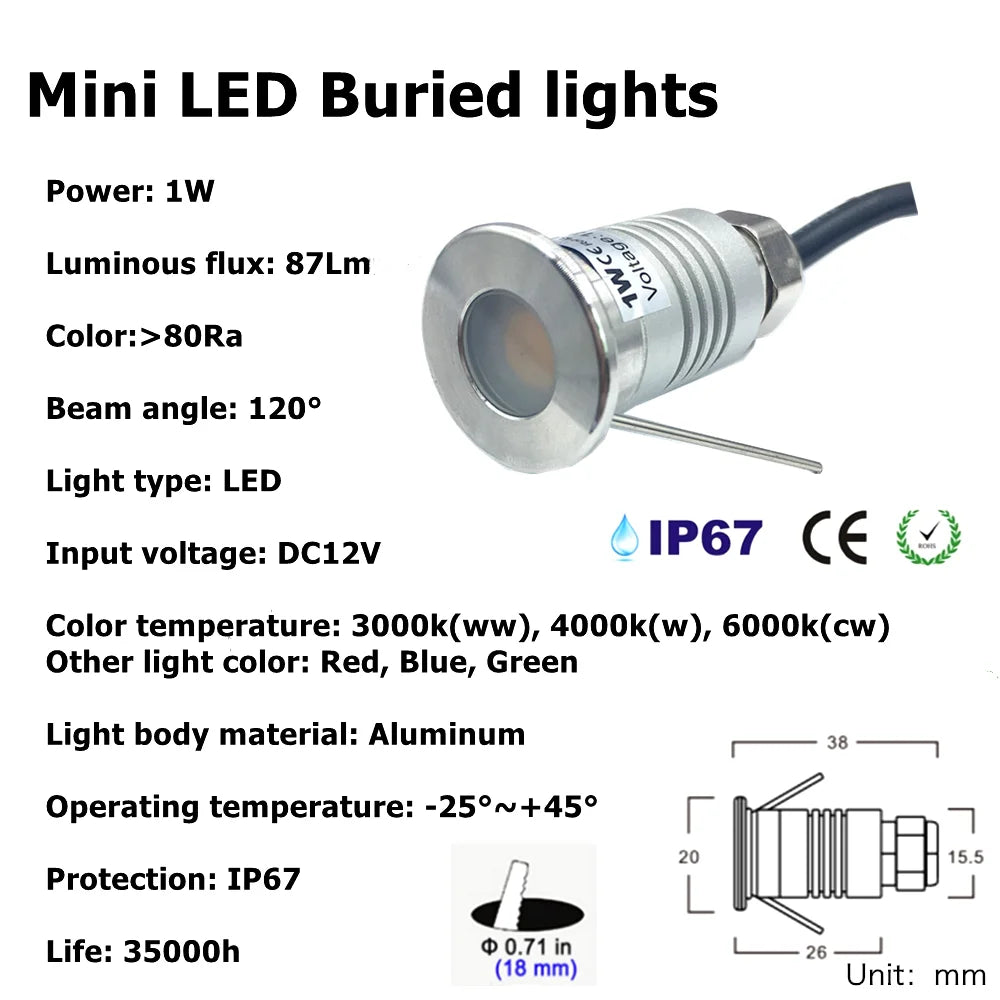 lumières led enterrées miniatures modernes 1w ip67 12v argent noires 36cm