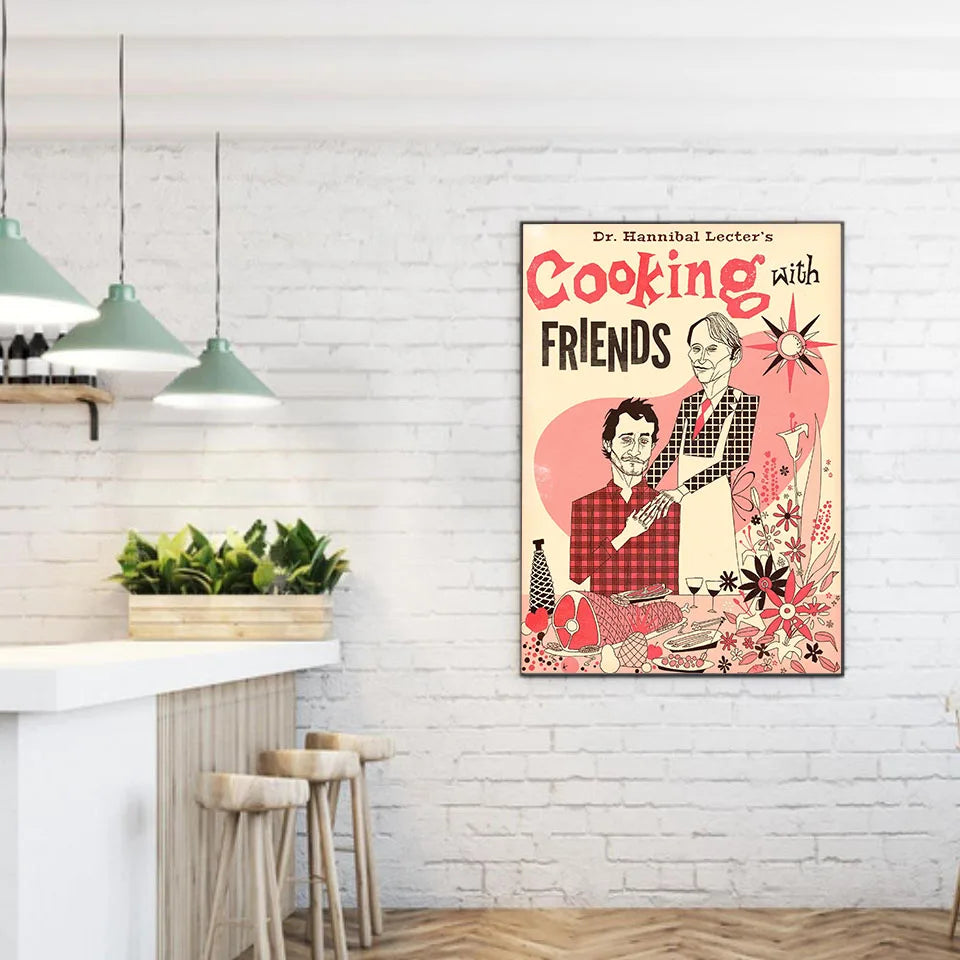 affiche humoristique vintage personnages fleurs texte beige rose noir blanc sans cadre