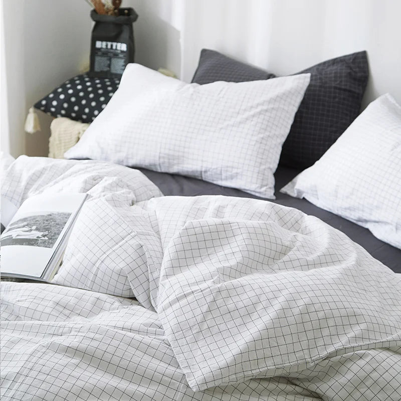 housse couette coton carreaux blancs moderne taies oreiller blanc gris opaques