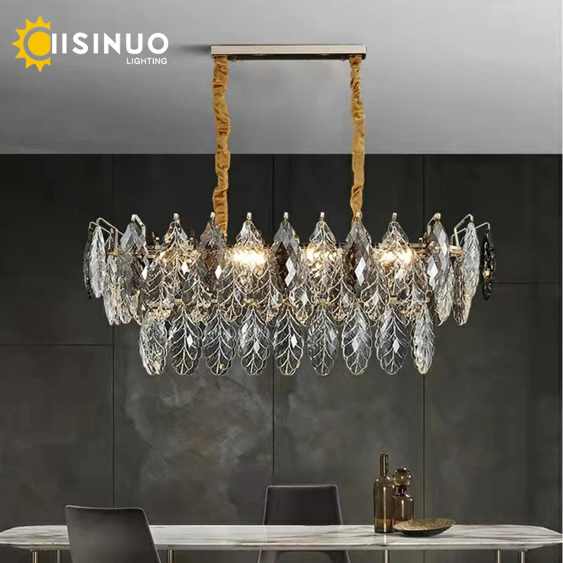 chandelier moderne luxueux transparent feuilles stylisées câbles métalliques doré argenté