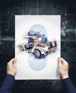 L'image représente une illustration détaillée d'une voiture de sport vintage, avec des éléments futuristes et un arrière-plan nuageux et abstrait.