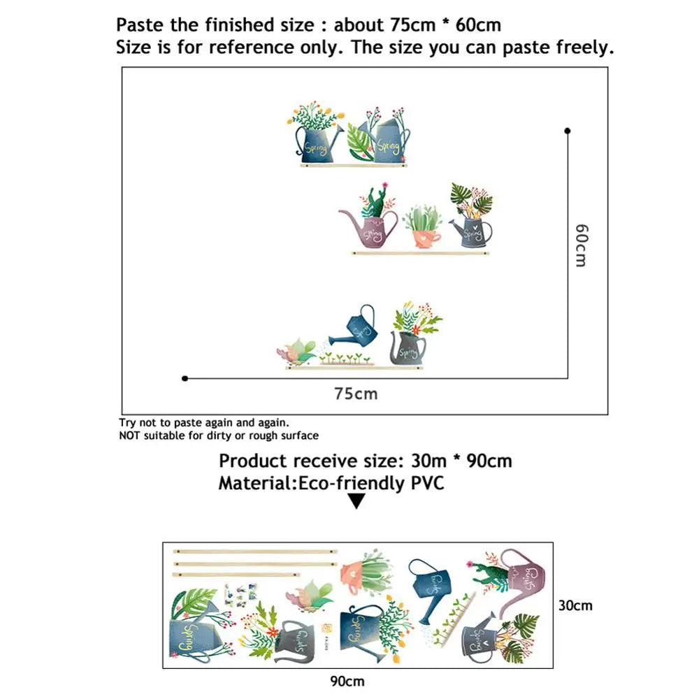 sticker mural auto adhésif arrosoir plantes fleurs aquarelle printanier chambre salon