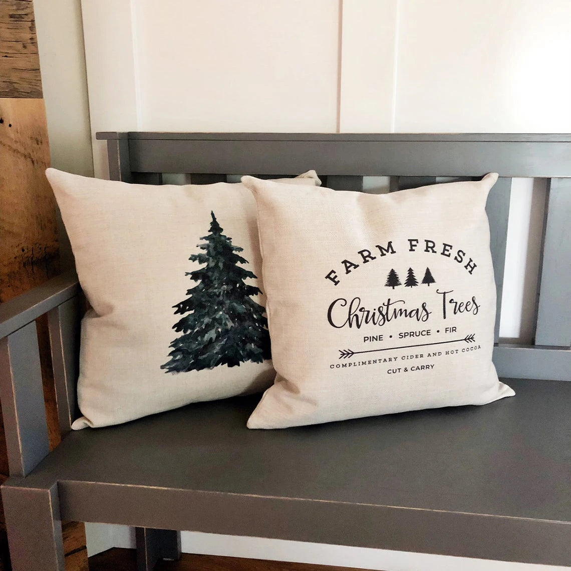 housse coussin carré nordique impression arbre rustique décoration noël 45x45 farmhouse