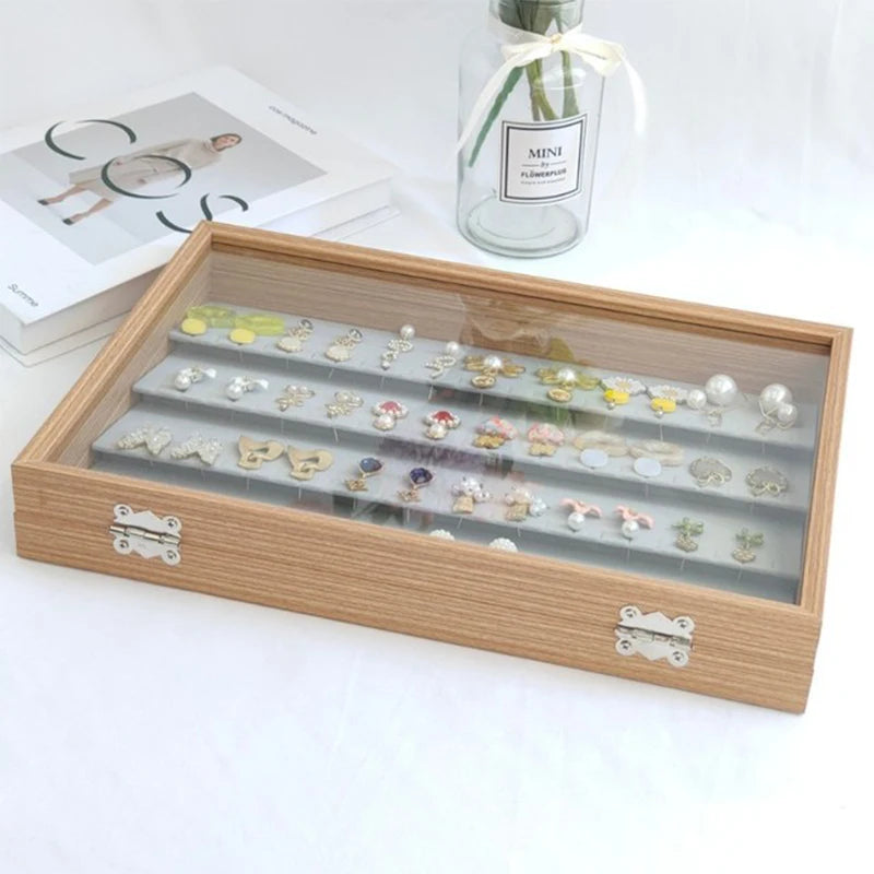 boîte bijoux bois naturel moderne boucles doreilles cadenas 35x24x5cm organisateur rangement transparent grille
