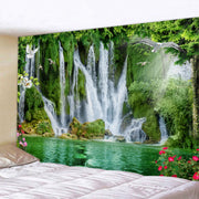 tapis mural décoratif cascade paysage naturel vert bleu turquoise rouge marron blanc rose