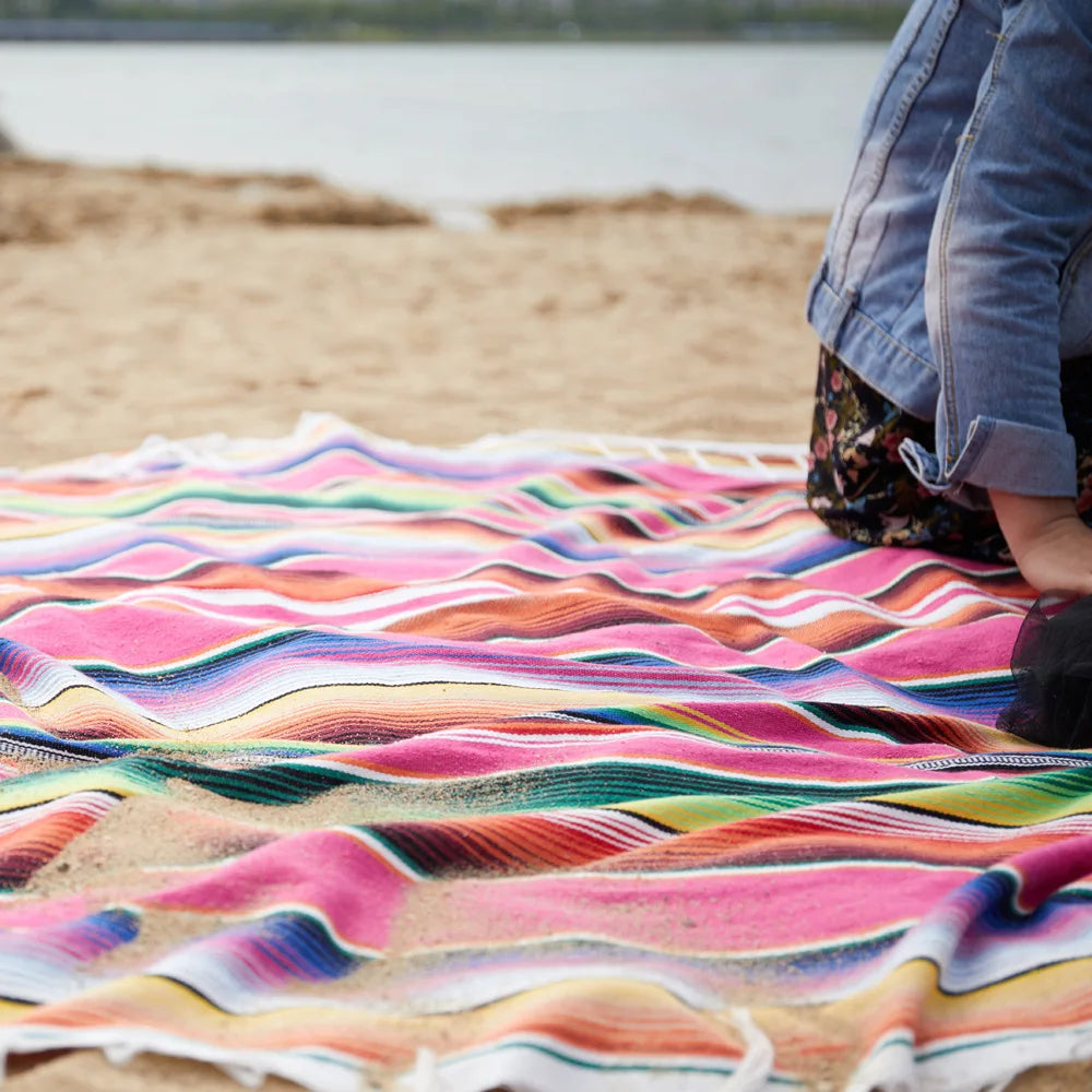 serviette plage multicolore rayures horizontales boho chic grande couverture pique nique voyage maison