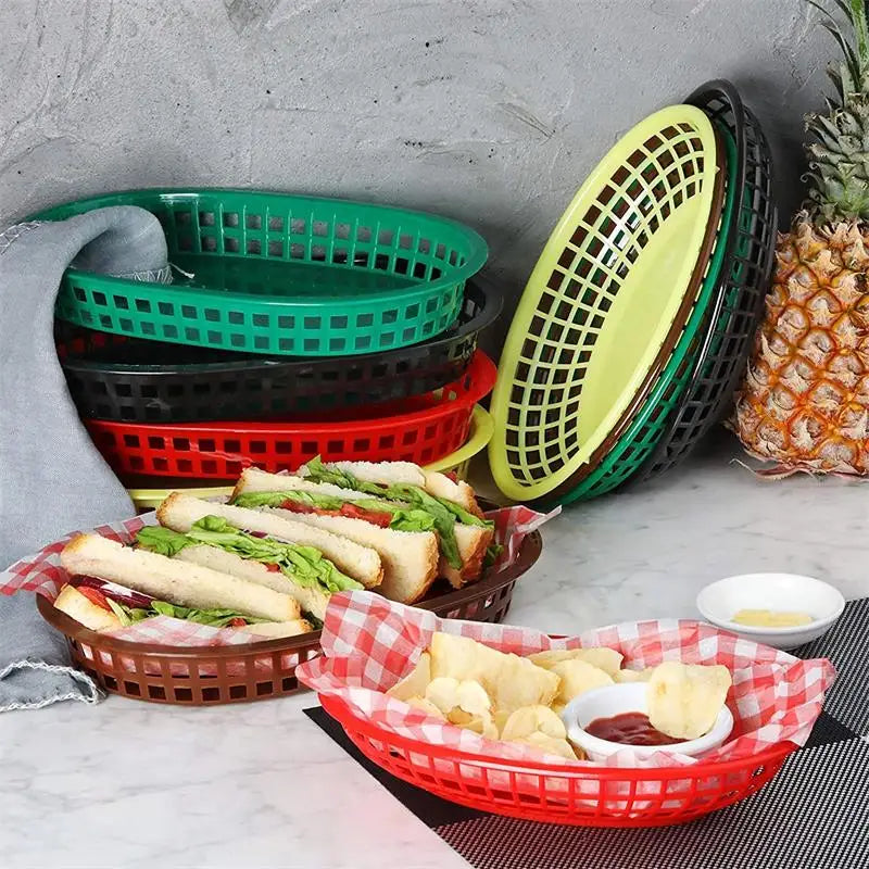 paniers ovales plastique noir vert rouge jaune moderne grille alimentaire service restauration rapide