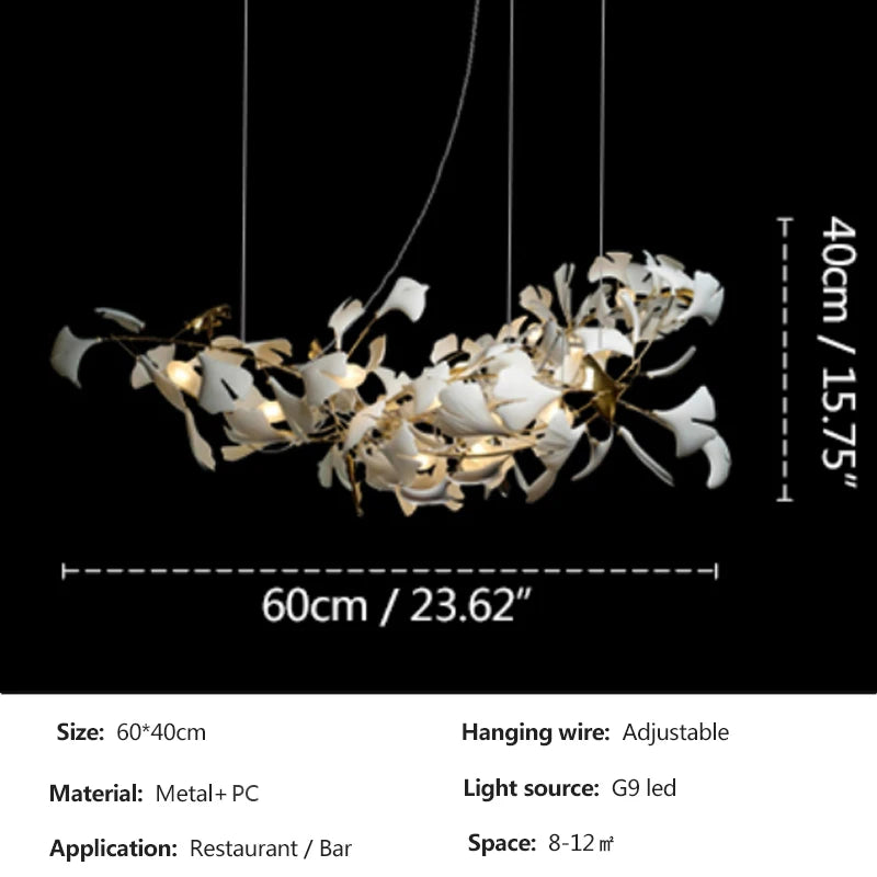 lampe suspendue feuilles gingko blanc doré contemporaine élégante salon chambre lumière chaînes porcelainière