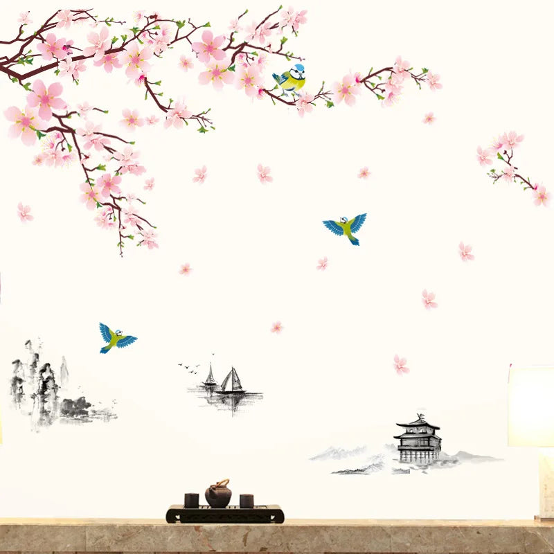 autocollant mural fleurs cerisier oiseaux paysage traditionnel chinois résistant eau dimension 240cm 150cm peinture