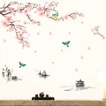 autocollant mural fleurs cerisier oiseaux paysage traditionnel chinois résistant eau dimension 240cm 150cm peinture