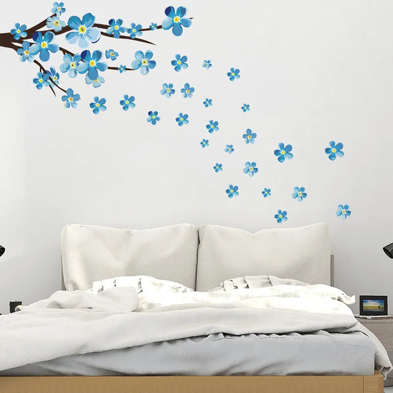 Stickers muraux adhésifs fleurs bleu blanches moderne décoration intérieure chambre salon 90x35cm