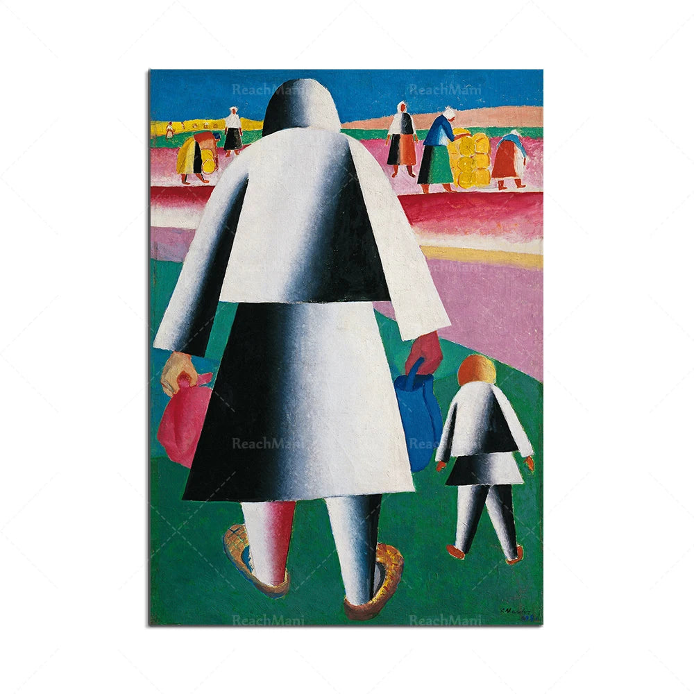 Une œuvre d'art colorée représentant des silhouettes abstraites sur un paysage multicolore.