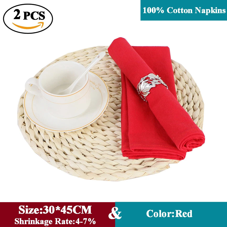 Serviettes de table en coton 100% de couleur rouge, de taille 30x45 cm avec un taux de rétrécissement de 4 à 7 %.