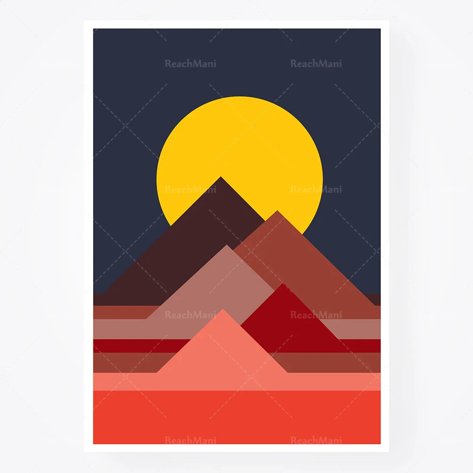 Cette image dépeint un paysage nocturne de montagnes au coucher de soleil, avec un grand soleil jaune brillant sur l'horizon.