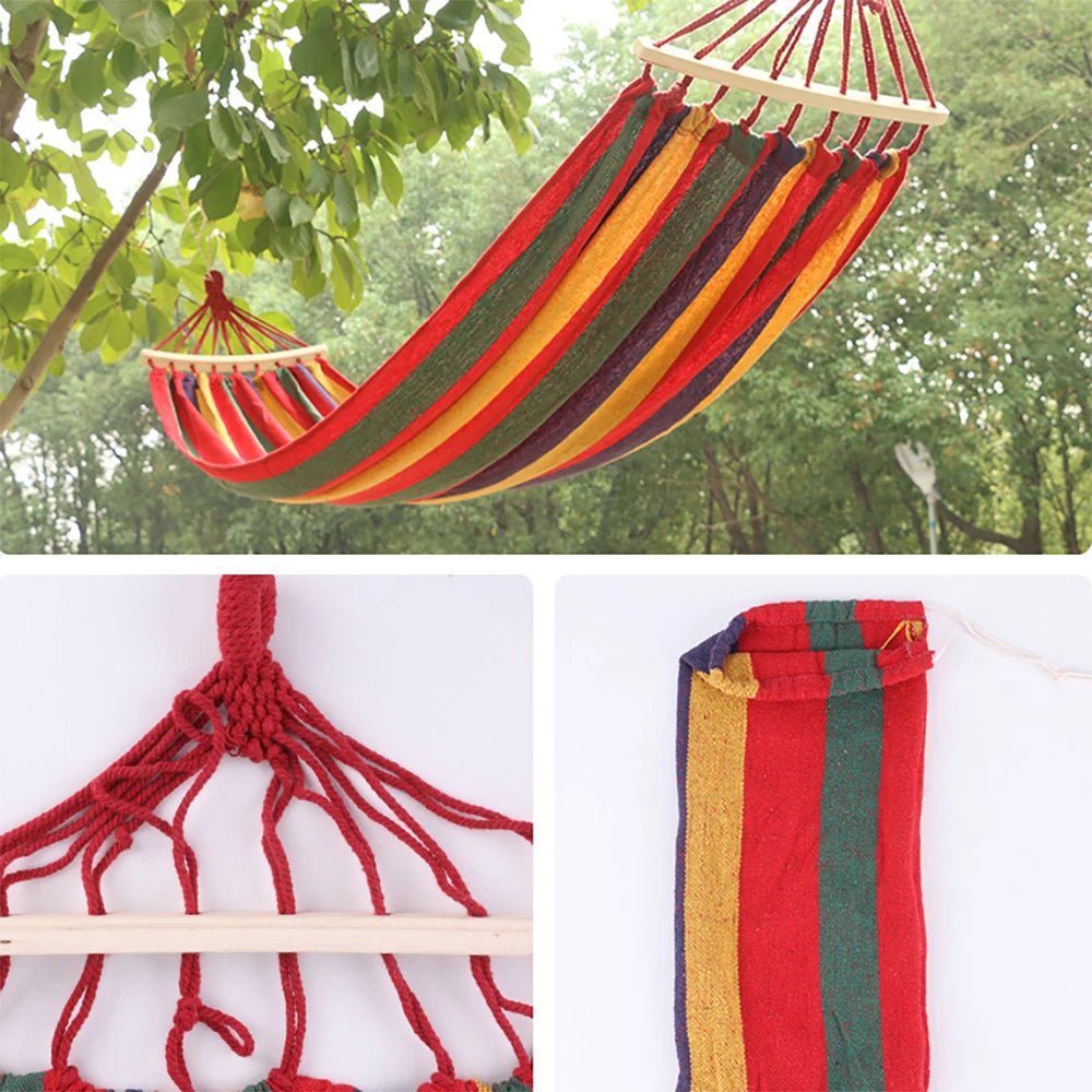 hamac rayures horizontales bleu rouge simple rustique sac rangement cordelettes suspension