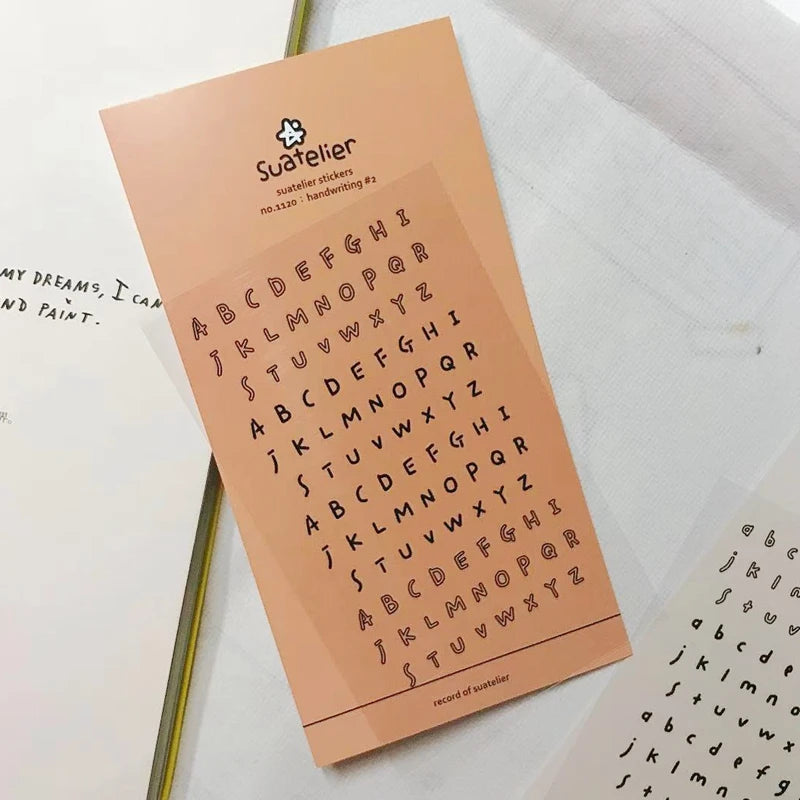 stickers alphabet manuscrit vintage calligraphique orange beige blanc noir semi transparents adhésifs journal scrapbooking
