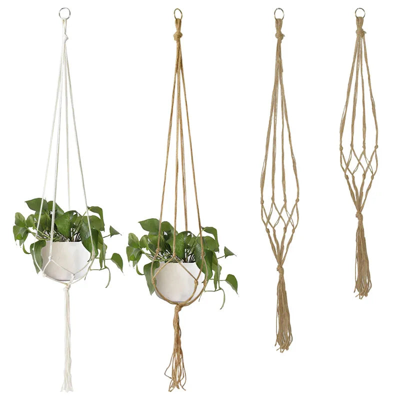 Support plante suspendue macramé boho rotin blanc orange anneaux métalliques
