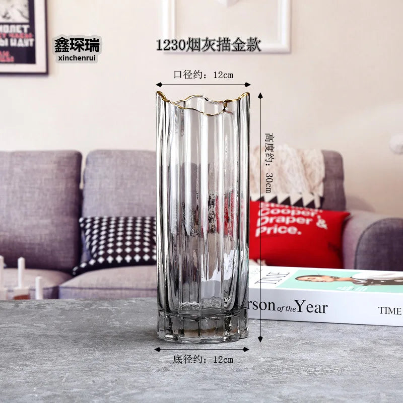 vase verre transparent moderne rayures horizontales couleurs vert gris rose rouge dorés fleurs artificielles