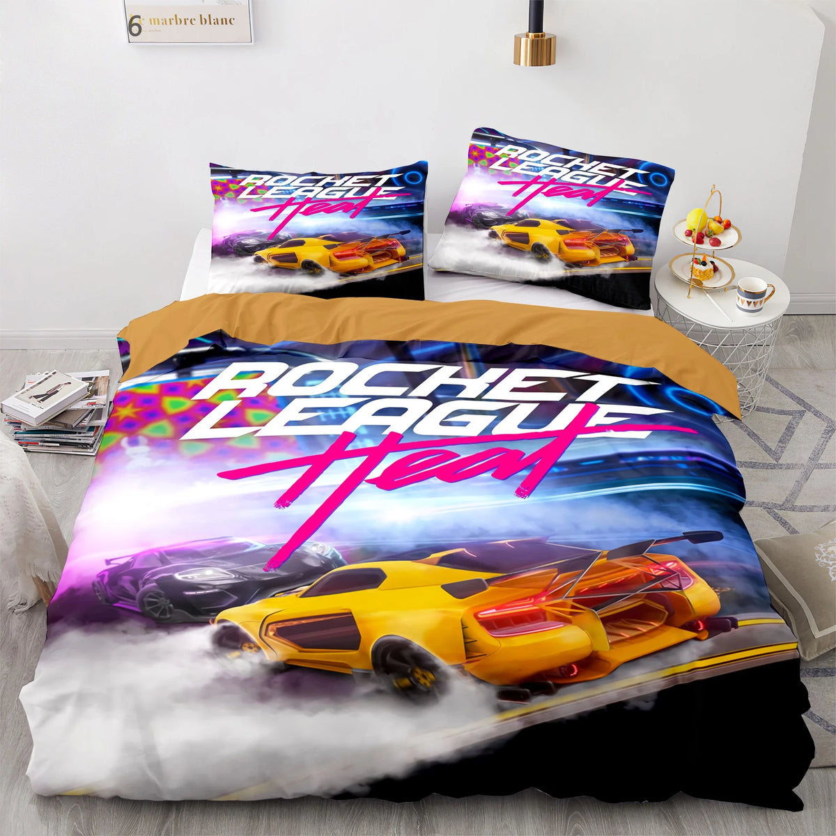 Détail de l'impression 3D Rocket League sur la housse de couette