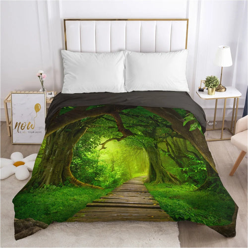 Housse de couette paysage 140x200 en polyester bleu sur un lit
