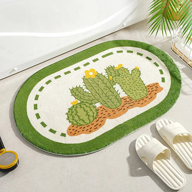 tapis bain antidérapant fleurs cactus vert jaune orange moderne décoratif polyester