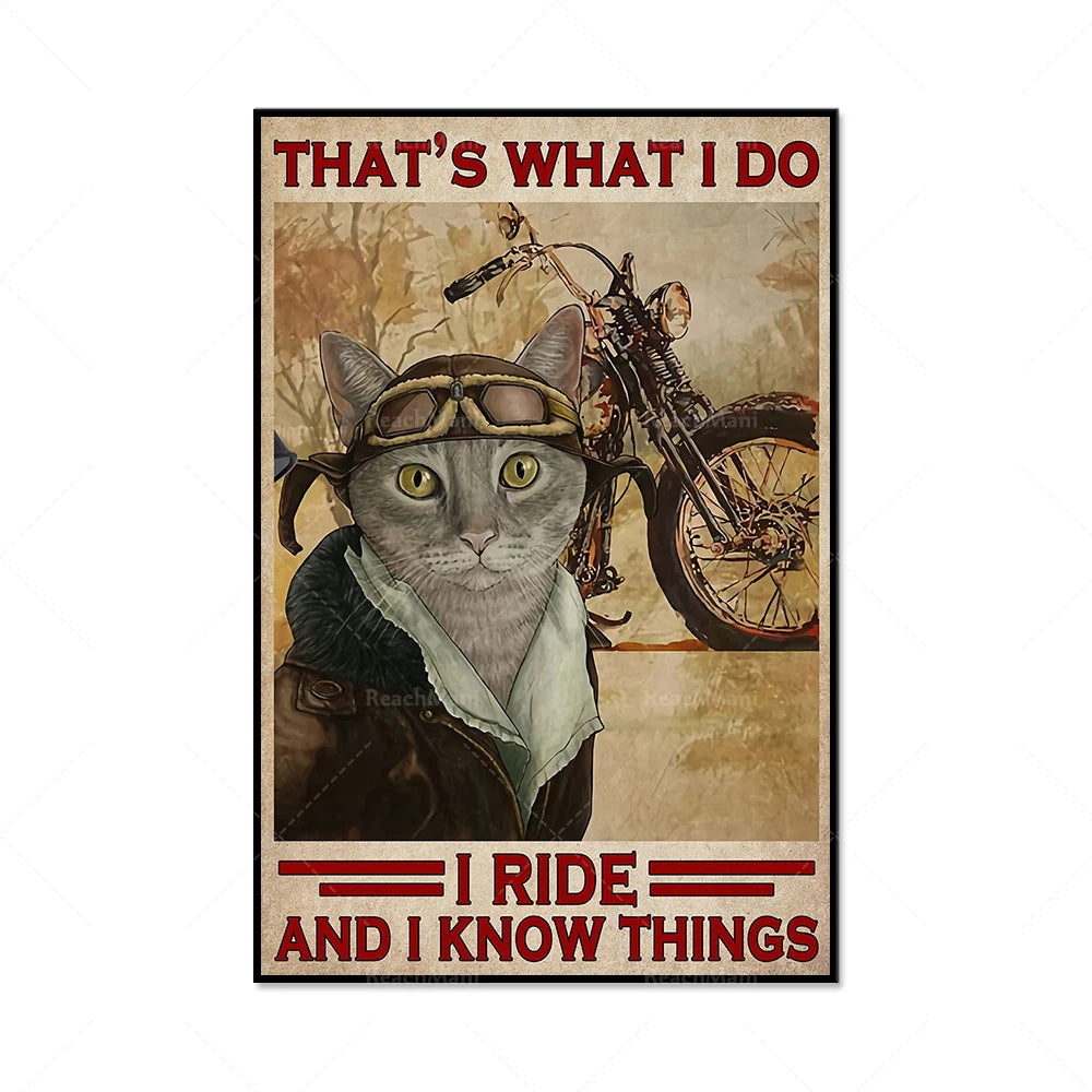Un chat décontracté sur une moto, avec l'inscription "C'est ce que je fais, je roule et je sais des choses".