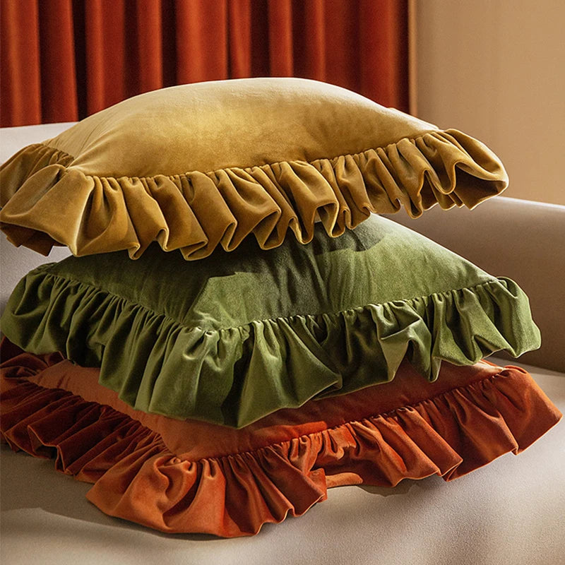 coussin velours fronces vert foncé orange moutarde élégant décoration salon canapé voiture 45x45cm