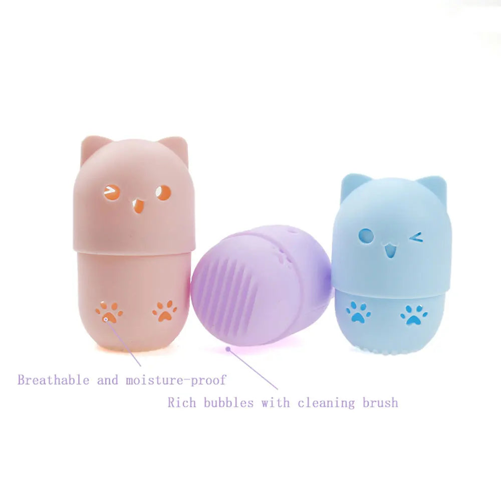 pot savon silicone rose bleu violet animalier brosse nettoyage intégrée texture douce patte chat