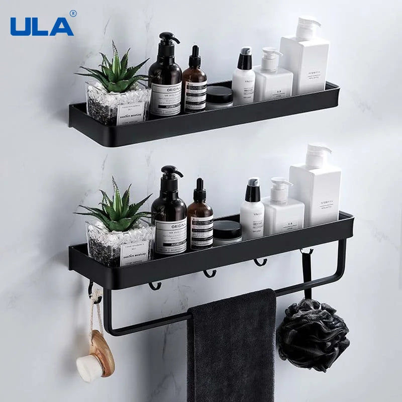 étagère salle bain double niveau murale alliage aluminium noir lisse moderne serviettes pots crèmes