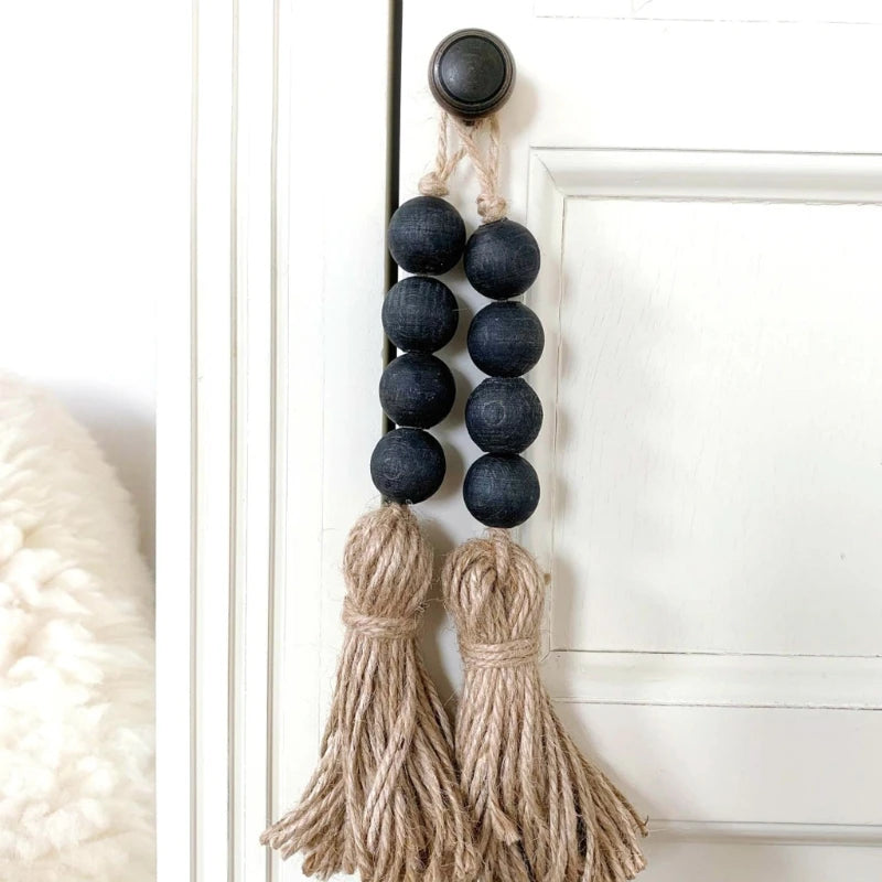 décoration murale bois pompons coton noir boho rustique porte objet chambre salon