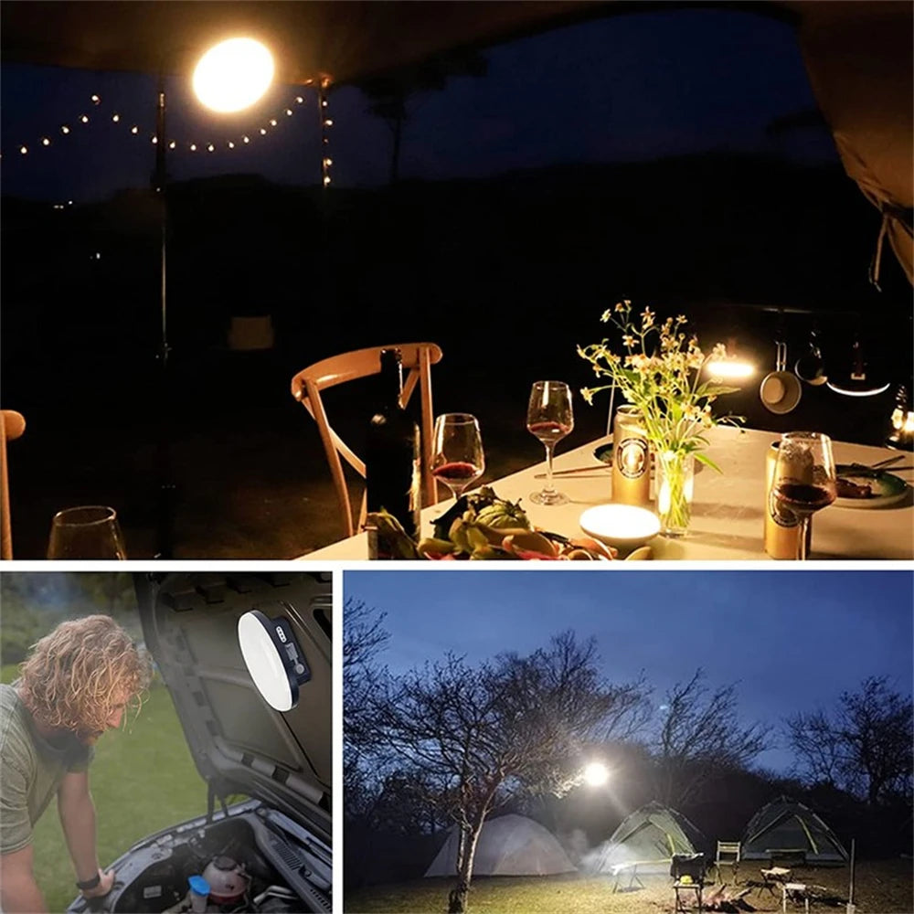 lampe camping rechargeable led bleu marron texture cuir moderne clips indicateur batterie