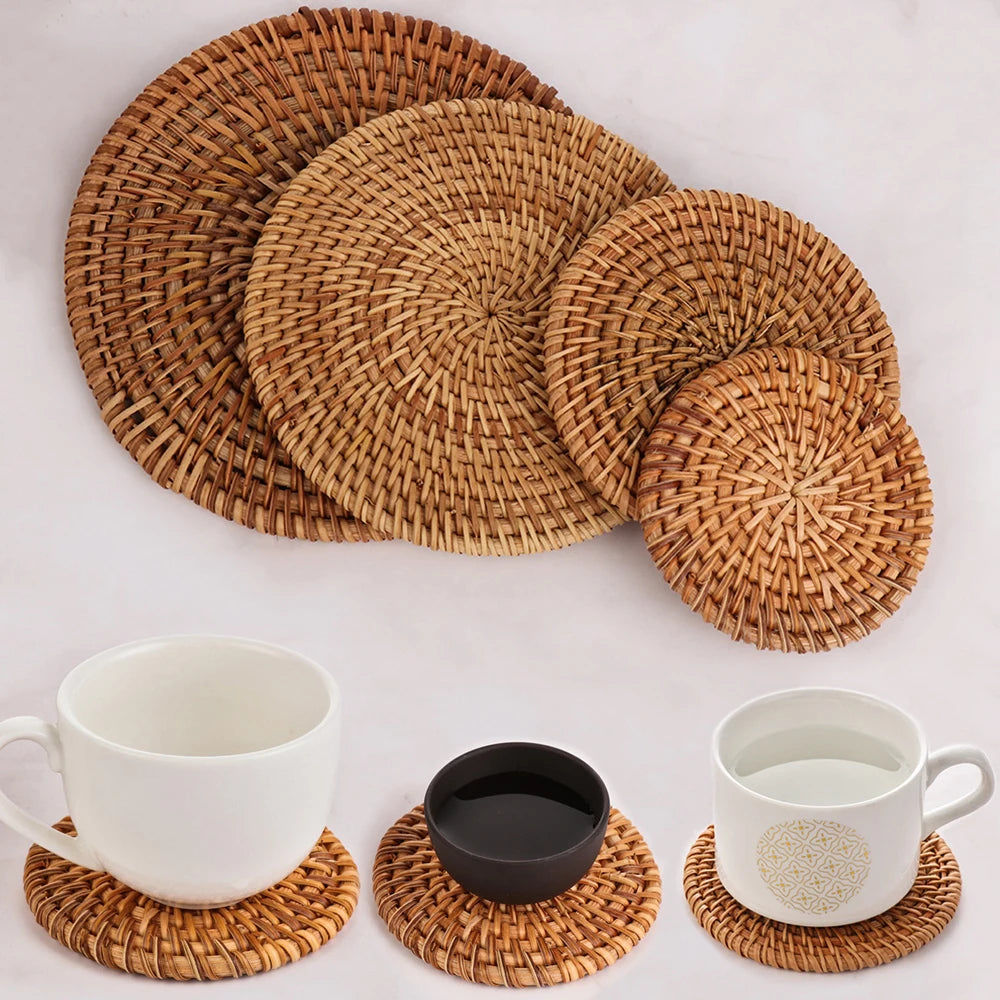 coasters tressés naturels traditionnels bois 8x8cm 10x10cm 13x13cm 16x16cm 18x18cm 20x20cm 6pcs