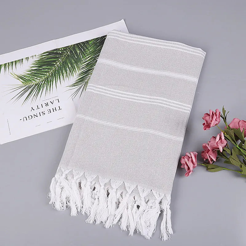 serviette bain rayée 100x180cm coton biologique séchage rapide franges classique rose gris bleuclair