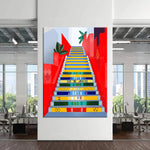 Un escalier coloré et géométrique, symbole de la ville de Rio de Janeiro, présenté dans un style graphique et artistique.