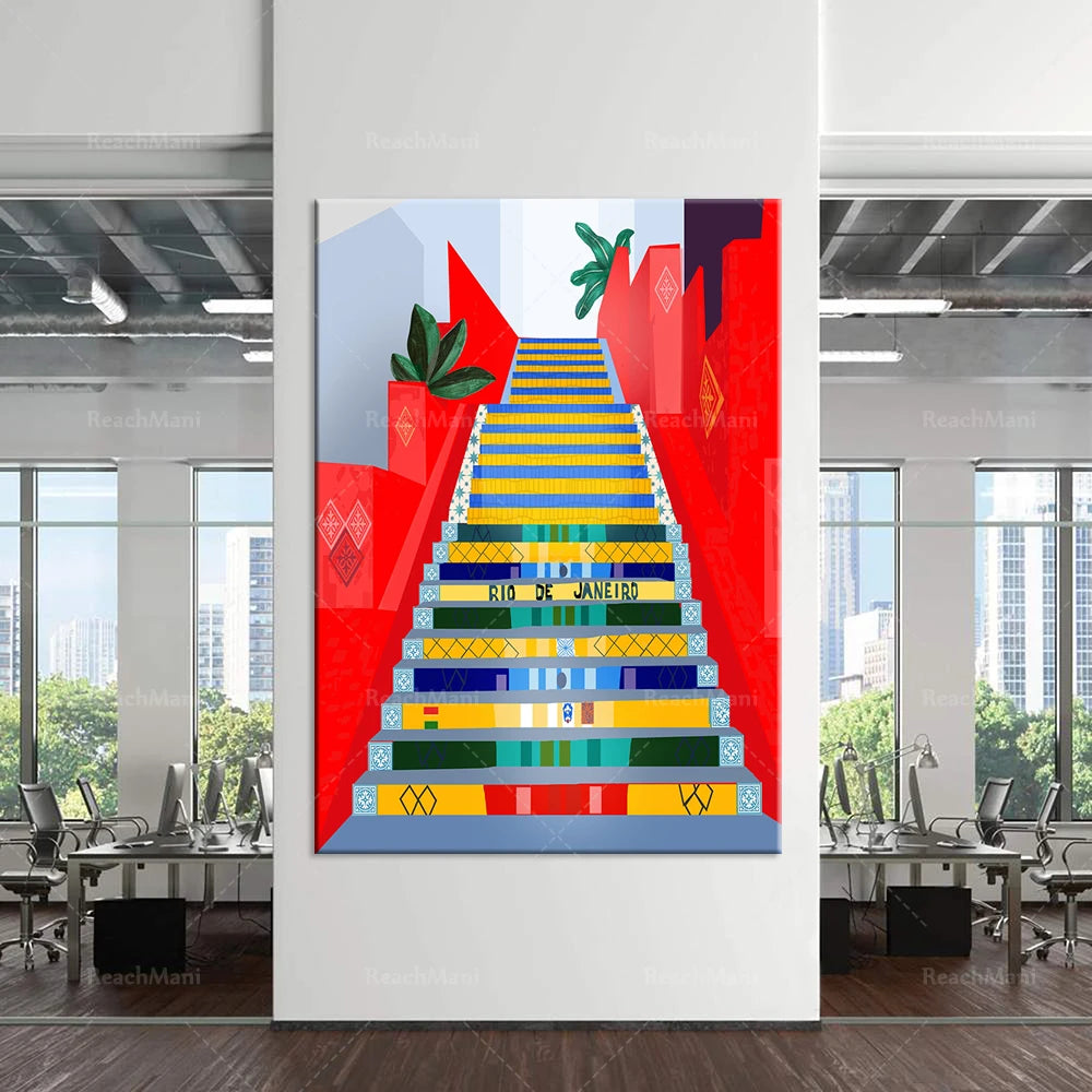 Un escalier coloré et géométrique, symbole de la ville de Rio de Janeiro, présenté dans un style graphique et artistique.
