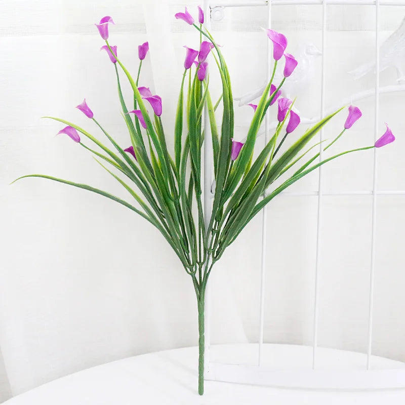 bouquet artificiel fleurs simples feuilles vertes blanc vert jaune violet rose intérieur décoration maison