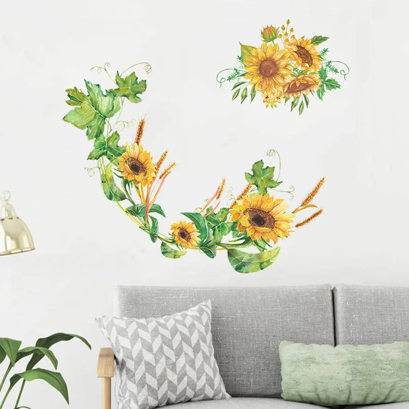 autocollant mural floral tournesol feuilles jaune vert blanc salon chambre coucher résistant l'eau pvc