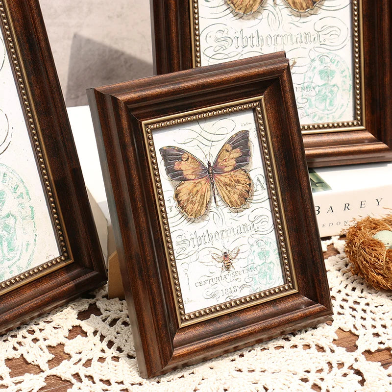 Cadre photo vintage rectangulaire résine marron foncé vert blanc papillon oiseau texte ancien décoration