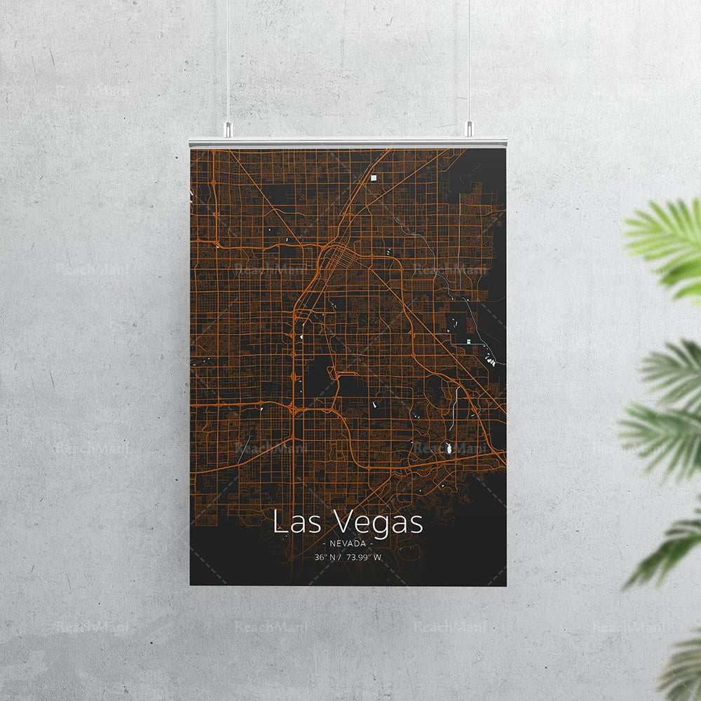 Cette image présente une affiche stylisée de la ville de Las Vegas, au Nevada, avec une carte détaillée de son réseau routier.