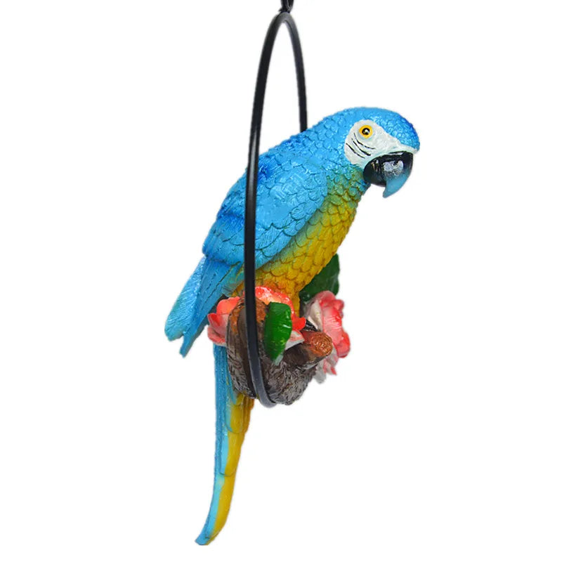 décoration extérieure oiseau suspendu perroquet plumage coloré anneau métallique jardin fleurs artificiellesbranches