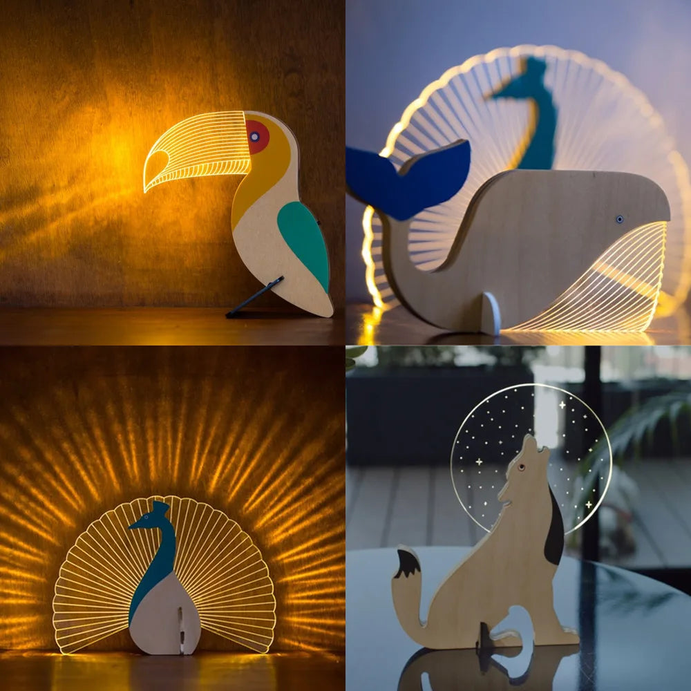 lampes decoratives animaux bois toucan baleine paon loup motifs lumineux moderne minimaliste