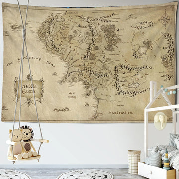 tapisserie vintage carte middle earth détails géographiques ornement clips beige brunclair