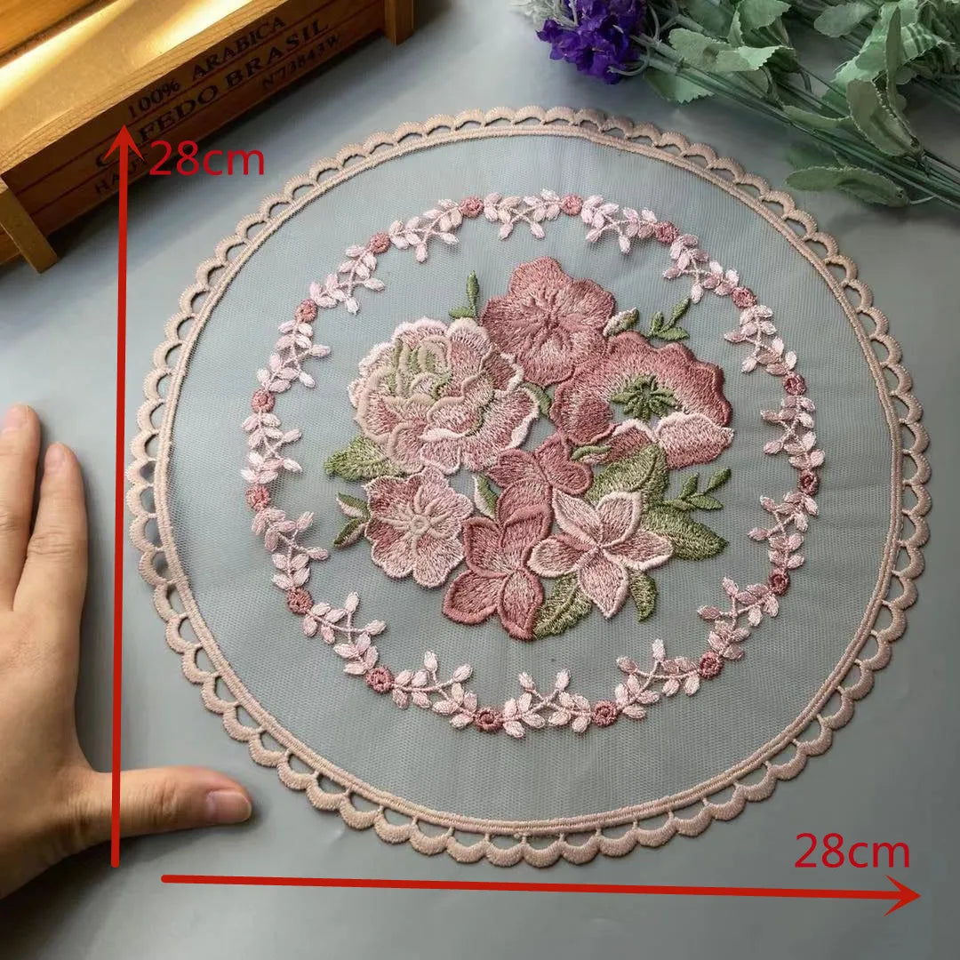 broderie fleurs rose clair vert beige traditionnelle diamètre 28cm élastique écologique coton polyester