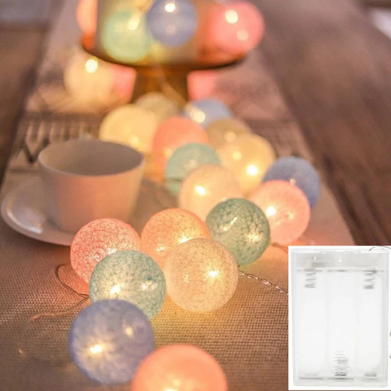 Détail des boules en fil de coton de la guirlande lumineuse