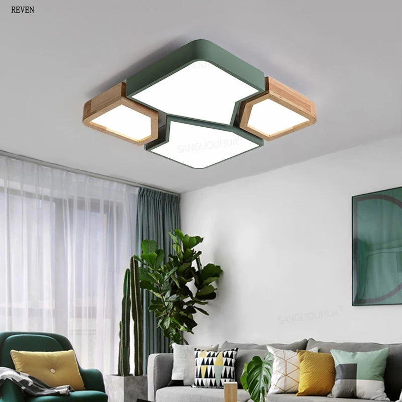 plafonnier moderne scandinave noir bois naturel hexagonal led 45cm vert