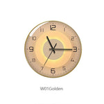 horloge murale moderne abstraite géométrique unique verre transparent aiguille quartz or gris bleu marine