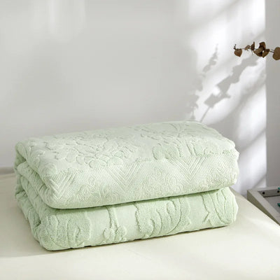 Couverture lit coton éponge motif floral rétro gris bleu